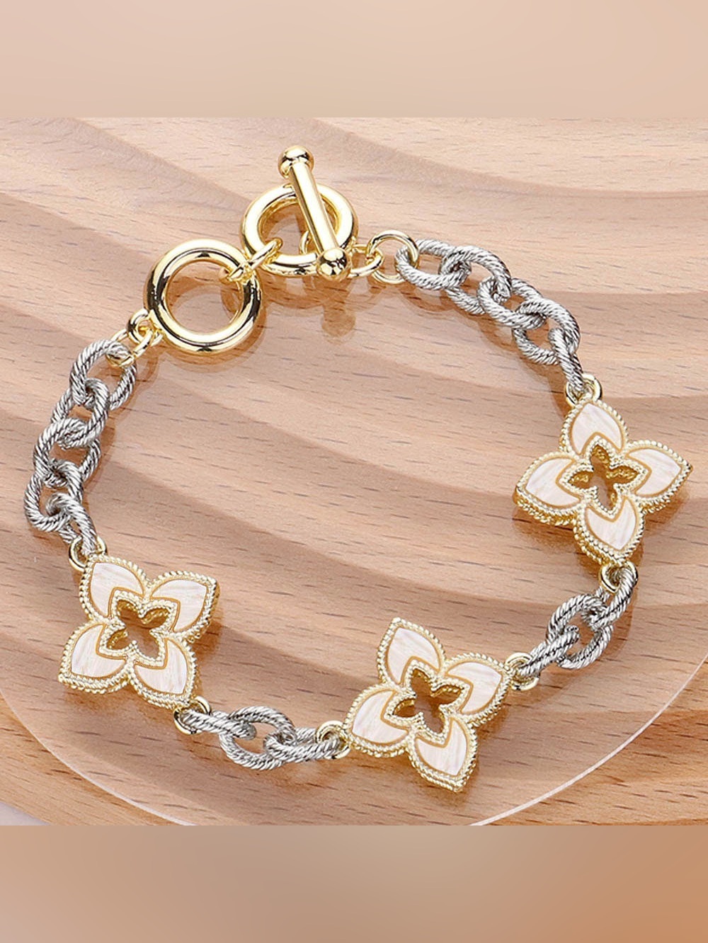 14K Gold Plated Mother Of Pearl Iris Pendant Link Toggle Bracelet
